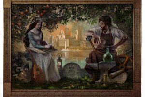 A woman in white writes under a fruit tree; a man with a hammer sits at a forge, city skyline and tools in the background. *AI generated alt text