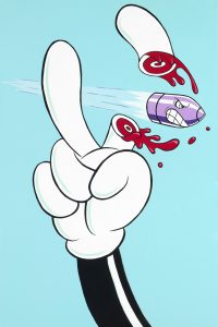 Cartoon white glove hand makes a peace sign; one finger is severed by a flying purple bullet, red cartoon blood spurts out, blue background. *AI generated alt text