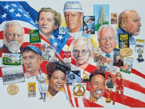 Collage of famous Pittsburghers with books, awards, and city landmarks on an American flag background, vibrant with color. *AI generated alt text