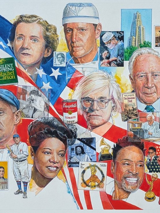Collage of famous Pittsburghers with books, awards, and city landmarks on an American flag background, vibrant with color. *AI generated alt text