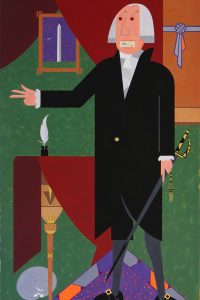 Painting of a white-haired man in formal black clothing with a sword, in a room with geometric shapes, red curtain, candle, torch, and cat. *AI generated alt text