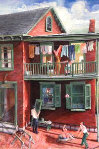 A painting of a red brick house with green trim; one person hangs laundry on an upstairs balcony, others clean and relax below. *AI generated alt text