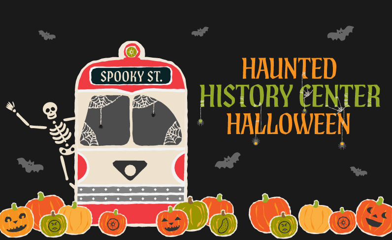 A Halloween graphic features a trolley labeled “Spooky St.” with cobwebs, skeleton, pumpkins, bats, and “Haunted History Center Halloween” text. *AI generated alt text