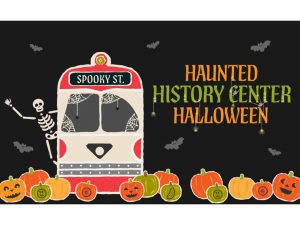 A skeleton waves from a trolley labeled Spooky St., surrounded by pumpkins and bats, for Heinz History Center Halloween. *AI generated alt text