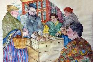 Illustration of five people at an outdoor market selling and selecting eggs from wooden crates, with brick buildings in the background. *AI generated alt text