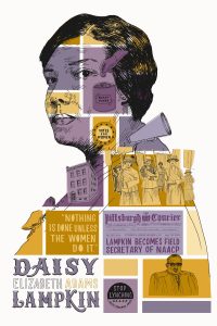 Stylized portrait of Daisy Elizabeth Adams Lampkin, overlaid with suffragists, Votes for Women text, headlines, and anti-lynching slogans. *AI generated alt text