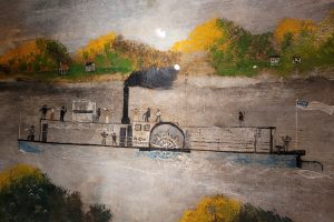 Folk-style painting of steamboat New Orleans on a river, people on deck, smokestack with black smoke, hills and houses behind. *AI generated alt text