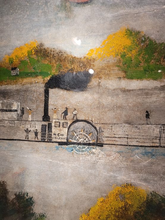Folk-style painting of steamboat New Orleans on a river, people on deck, smokestack with black smoke, hills and houses behind. *AI generated alt text