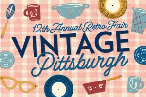 Illustrated flyer for “12th Annual Retro Fair: Vintage Pittsburgh” with vintage kitchenware on red gingham, bold and script text. *AI generated alt text