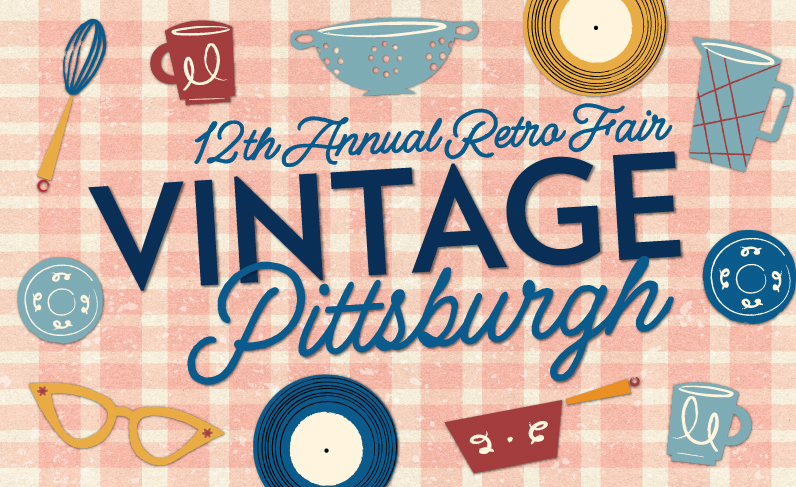 Illustrated flyer for “12th Annual Retro Fair: Vintage Pittsburgh” with vintage kitchenware on red gingham, bold and script text. *AI generated alt text