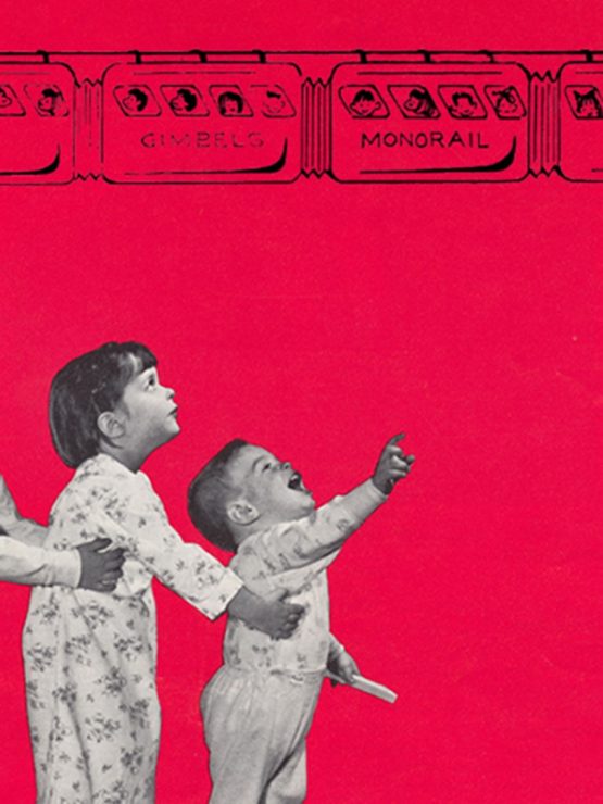 Three children in pajamas stand in a line, looking and pointing up at a cartoon monorail labeled Gimbels Monorail on red background. *AI generated alt text