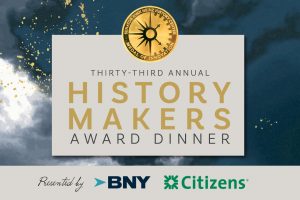 A graphic for the Thirty-Third Annual History Makers Award Dinner shows a gold compass logo, event title, and sponsors on blue. *AI generated alt text