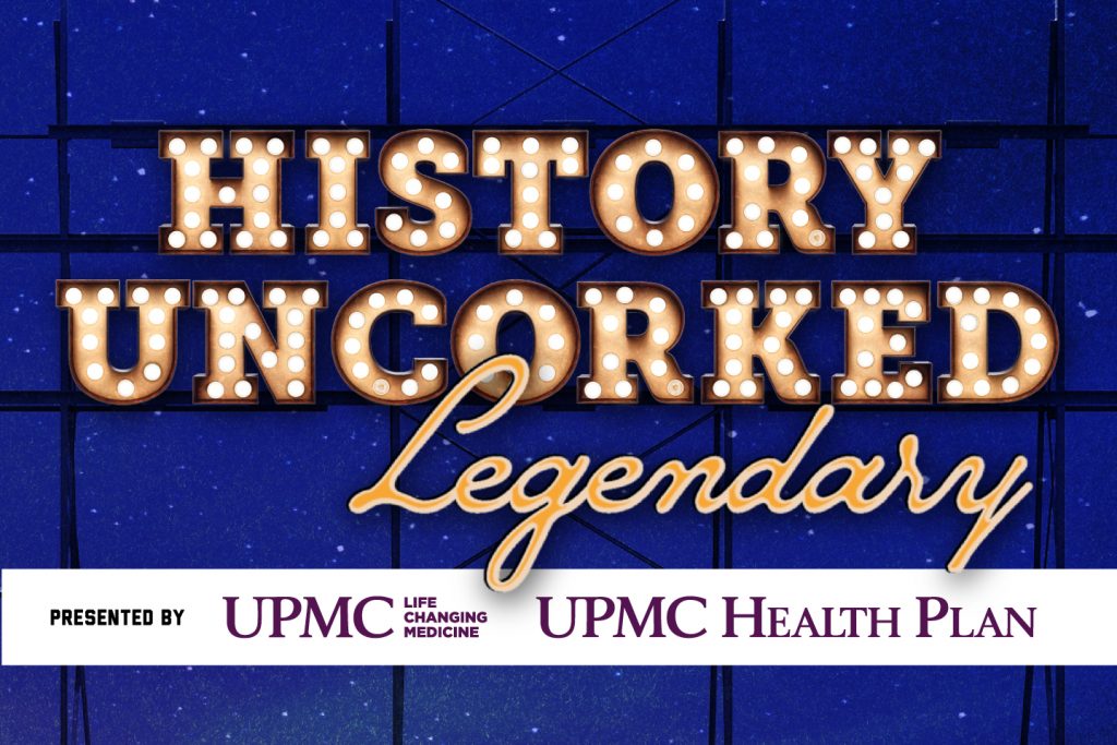 Text reads "history uncorked Legendary" in marquee and script fonts on blue, with sponsor logos at the bottom. *AI generated alt text