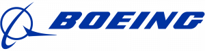 The Boeing logo with bold blue capital letters spelling BOEING and a curved line and circle resembling an aircraft to the left. *AI generated alt text