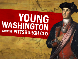 A painting of young George Washington in uniform next to bold text on a red banner over a faded map background for Civic Season. *AI generated alt text