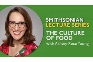 Headshot of a woman with glasses and brown hair in a floral top, next to text: Smithsonian Lecture Series. Green background. *AI generated alt text