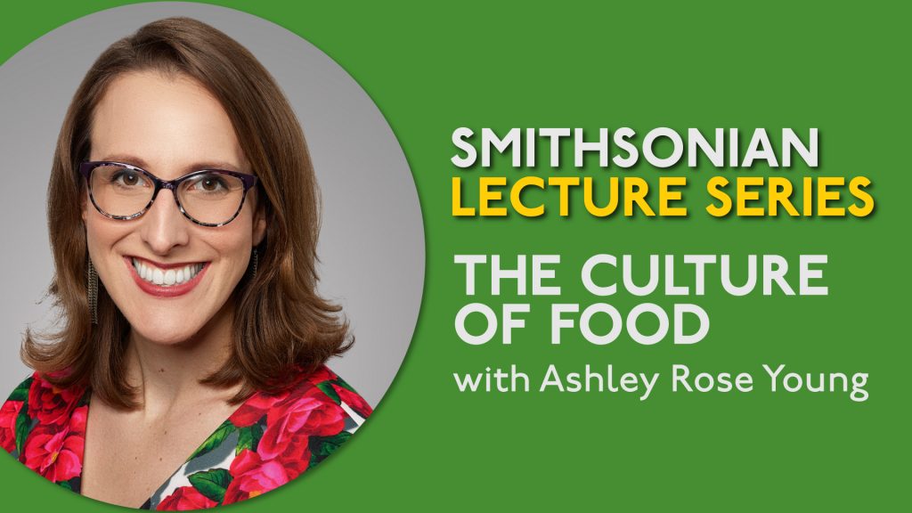 A woman with brown hair, glasses, and a floral top is next to text: Smithsonian Lecture Series. Green background highlights the event. *AI generated alt text