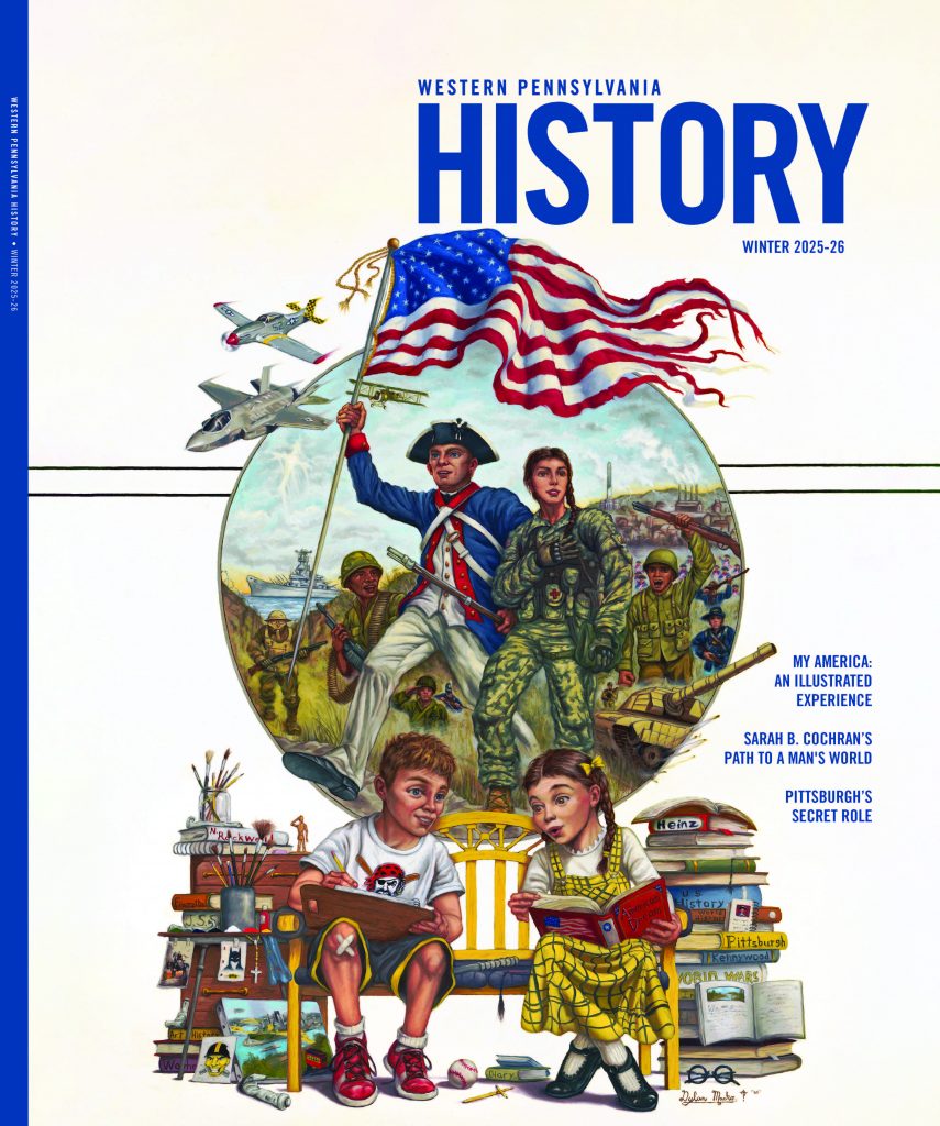 Magazine cover with Revolutionary War soldiers holding an American flag, military and industrial scenes, and two children reading. *AI generated alt text