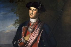 Oil painting depicting a man wearing a red coat, shown in formal attire. The background is neutral and the style is traditional. *AI generated alt text