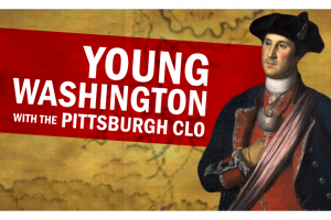 A painting of young Washington in military uniform beside bold text 