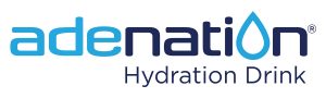 Adenation Hydration Drink logo. "adenation" in blue text, with an o shaped as a water droplet; "Hydration Drink" below in dark blue. *AI generated alt text