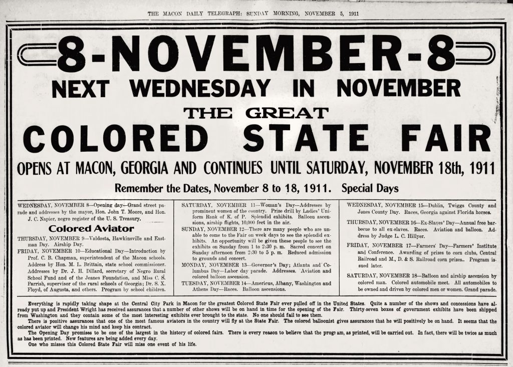 1911 black and white newspaper ad for the Colored State Fair in Macon, Georgia, November 8–18, listing daily and special events. *AI generated alt text