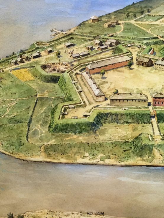 A detailed illustration of a star-shaped historic fort by a river, with buildings, green fields, docks, walls, and country roads. *AI generated alt text