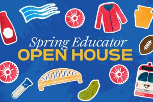 Cartoon icons of Pittsburgh landmarks, regional foods, and science objects encircle the phrase Spring Educator Open Day on blue. *AI generated alt text