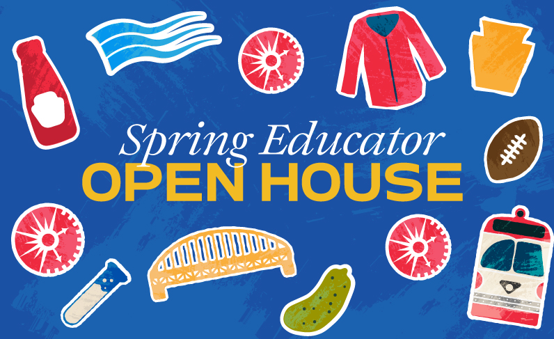 Cartoon icons of Pittsburgh landmarks, regional foods, and science objects encircle the phrase Spring Educator Open Day on blue. *AI generated alt text