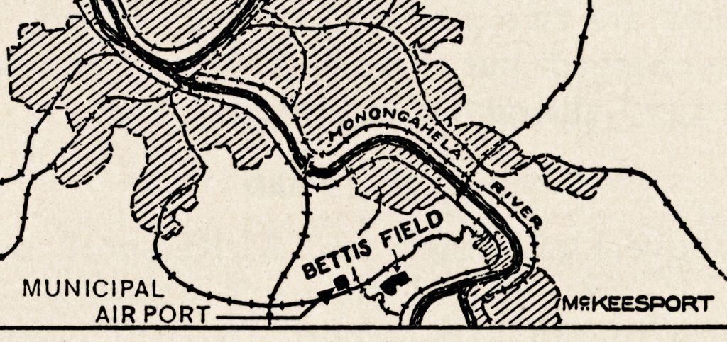 Vintage map depicting the Monongahela River, Bettis Field, Municipal Airport, and McKeesport. Landforms and sites are labeled. *AI generated alt text