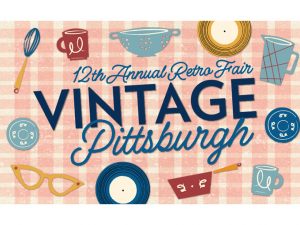 Flyer for the 12th Annual Vintage Pittsburgh Retro Fair with retro kitchenware, records, and plates on a pink checkered background. *AI generated alt text