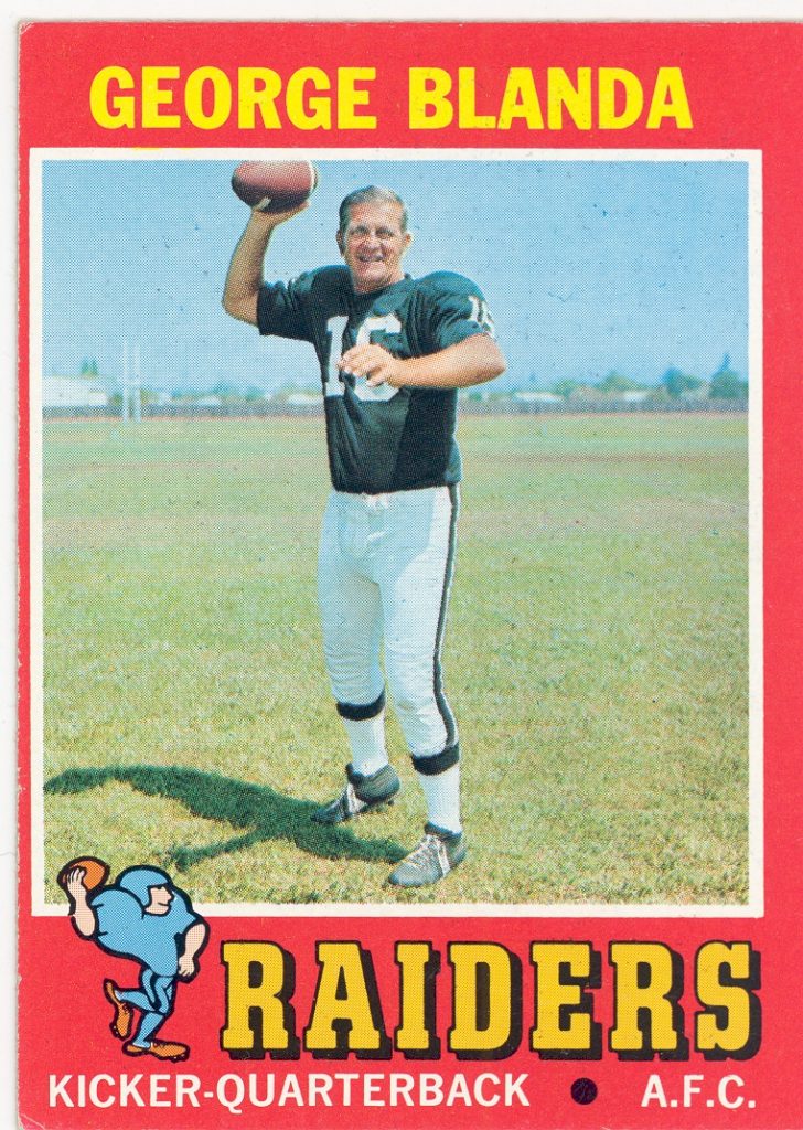 A vintage football card of George Blanda in a Raiders uniform, holding a football. “RAIDERS” and role are in red and yellow text below. *AI generated alt text
