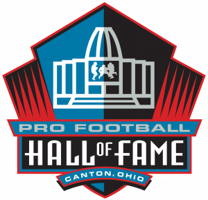 Logo of the Pro Football Hall of Fame showing a gray stylized building, blue and black backgrounds, and bold white text with location. *AI generated alt text