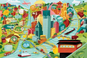 Illustrated map of Pittsburgh with historic buildings, yellow bridges, landmarks, inclines, sports stadiums, and local foods. *AI generated alt text