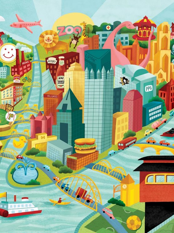 Illustrated map of Pittsburgh with historic buildings, yellow bridges, landmarks, inclines, sports stadiums, and local foods. *AI generated alt text