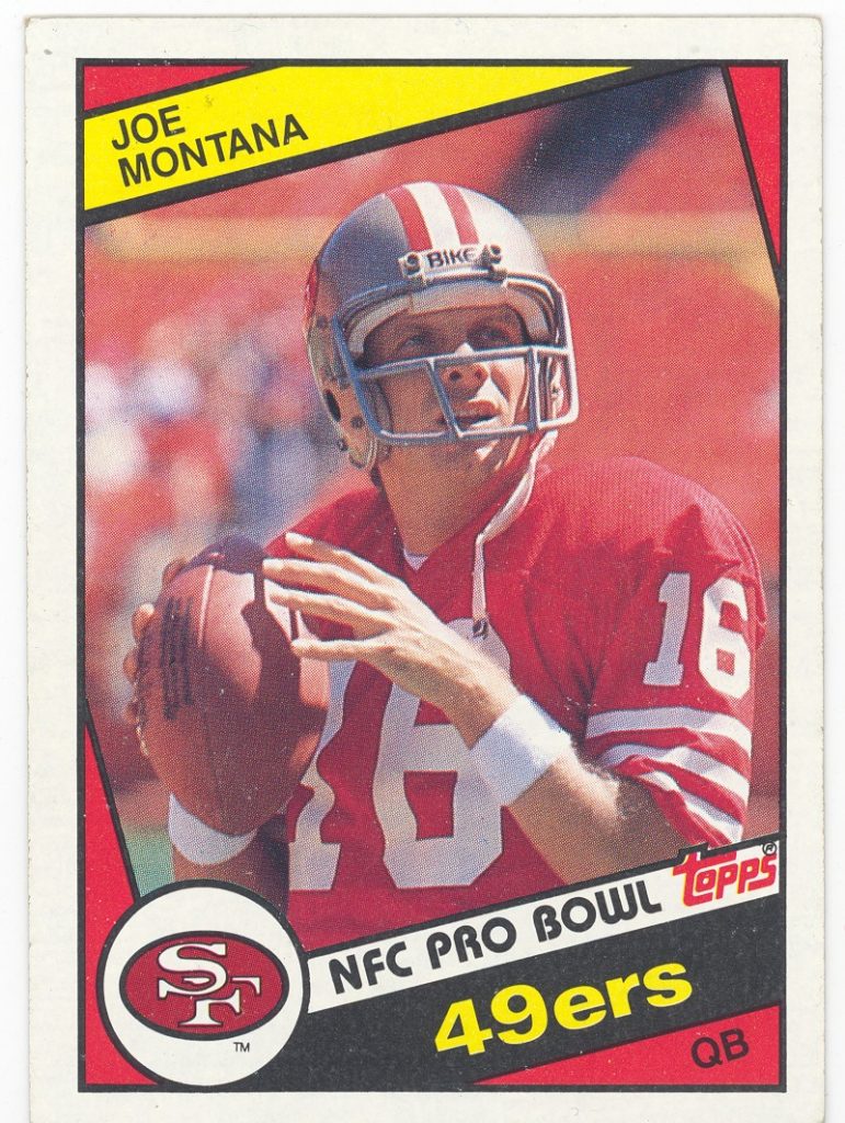 A vintage trading card of Joe Montana in a red 49ers uniform, holding a football. Card shows name, number 16, NFC Pro Bowl, 49ers QB. *AI generated alt text