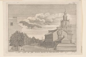 A 1778 black and white engraving of Independence Hall in Philadelphia with a clock tower, large tree, and cloudy sky. *AI generated alt text
