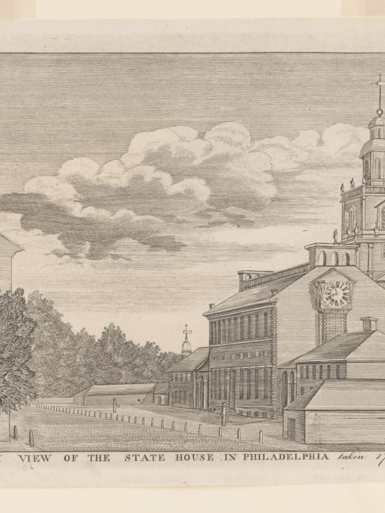 A 1778 black and white engraving of Independence Hall in Philadelphia with a clock tower, large tree, and cloudy sky. *AI generated alt text