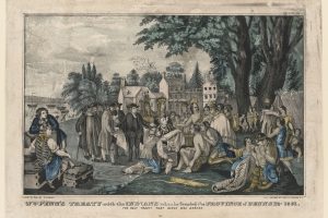 Historical illustration of William Penn meeting Native American leaders under a large tree as people witness the treaty signing. *AI generated alt text