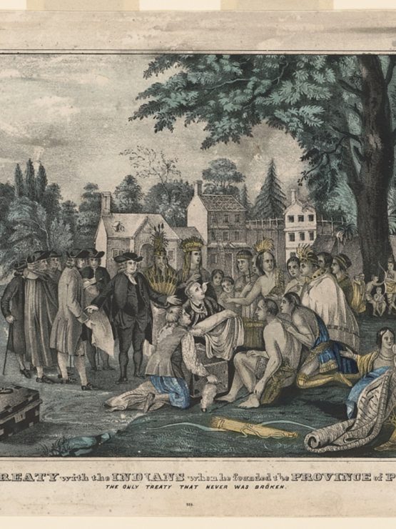 Historical illustration of William Penn meeting Native American leaders under a large tree as people witness the treaty signing. *AI generated alt text