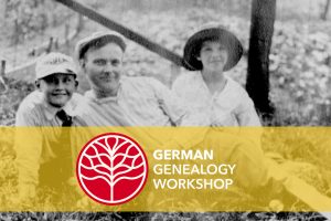 Black and white photo of two children and an adult on grass, with a yellow banner showing a red tree logo and workshop text. *AI generated alt text