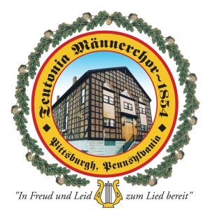 A circular crest featuring a German-style building, surrounded by text, an oak wreath, Czech and Slovak symbols, lyre, and motto. *AI generated alt text