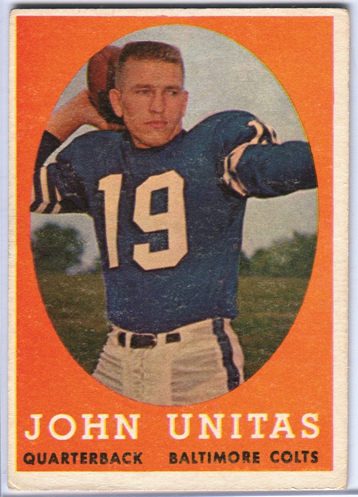 A vintage football card featuring John Unitas, number 19, in a blue jersey, holding a football; orange border and player details. *AI generated alt text