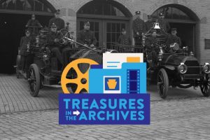 A black-and-white image of historic firefighters on early fire trucks, overlaid with graphic folders, a film reel, and the phrase 