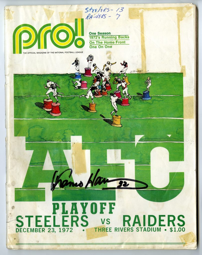 A 1972 pro! magazine cover for the Steelers vs. Raiders AFC Playoff, shows players on a green field, handwritten scores, and an autograph. *AI generated alt text