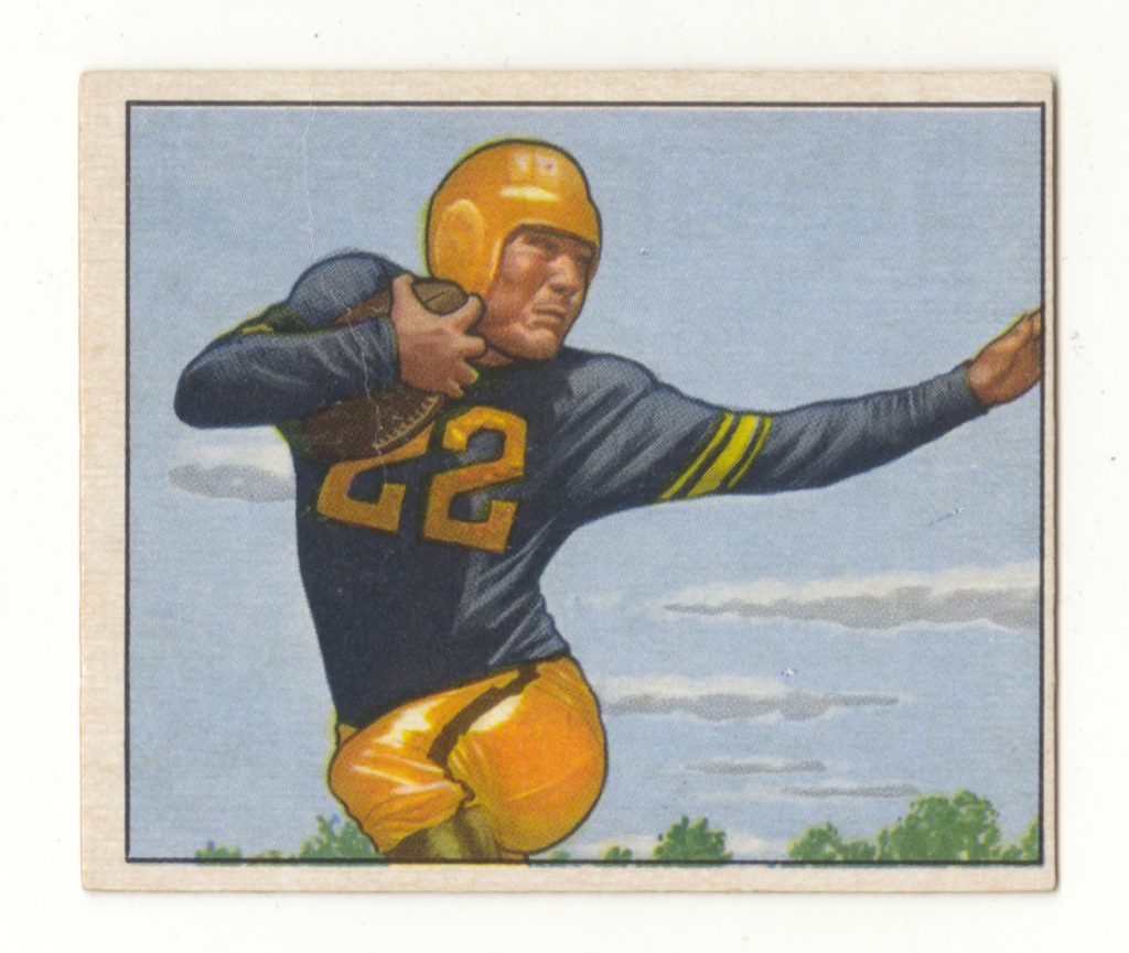 A vintage illustration of an American football player in blue and yellow uniform, number 22, running with the ball and extending his arm. *AI generated alt text