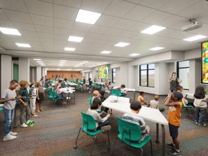 A museum gallery with children exploring exhibits, some discussing American history. Bright room, large windows, and green benches. *AI generated alt text