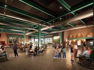A spacious, modern lobby with exposed brick walls and green beams, displaying historic posters and vintage cars, visitors present. *AI generated alt text