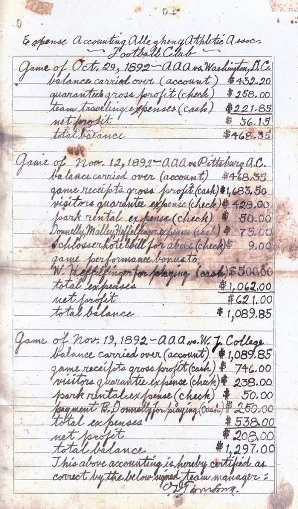 An aged, handwritten ledger page from 1892 shows detailed athletic association expenses, balances, and receipts for three games. *AI generated alt text