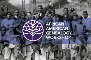 A black-and-white photo of African American men, women, and children with tennis rackets. Purple tree logo and text overlay. *AI generated alt text